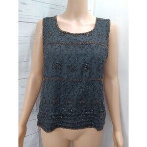 Vintage Scala Black Beaded Floral Silk Sleeveless Blouse Shirt Top M